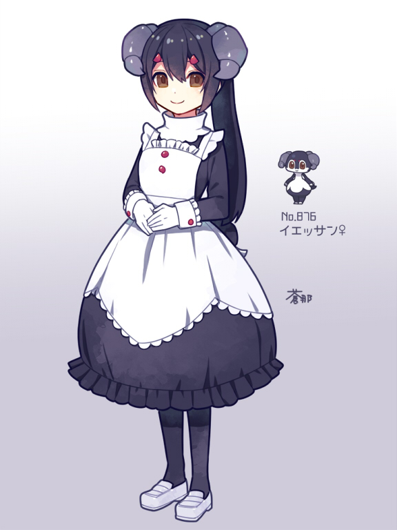 1girl aona_(noraneko) apron black_hair brown_eyes character_name dress frills gen_8_pokemon gloves hair_ornament hairclip high_collar horns humanization indeedee indeedee_(female) loafers long_hair long_sleeves maid nintendo own_hands_together pantyhose personification pokemon ponytail shoes signature smile solo