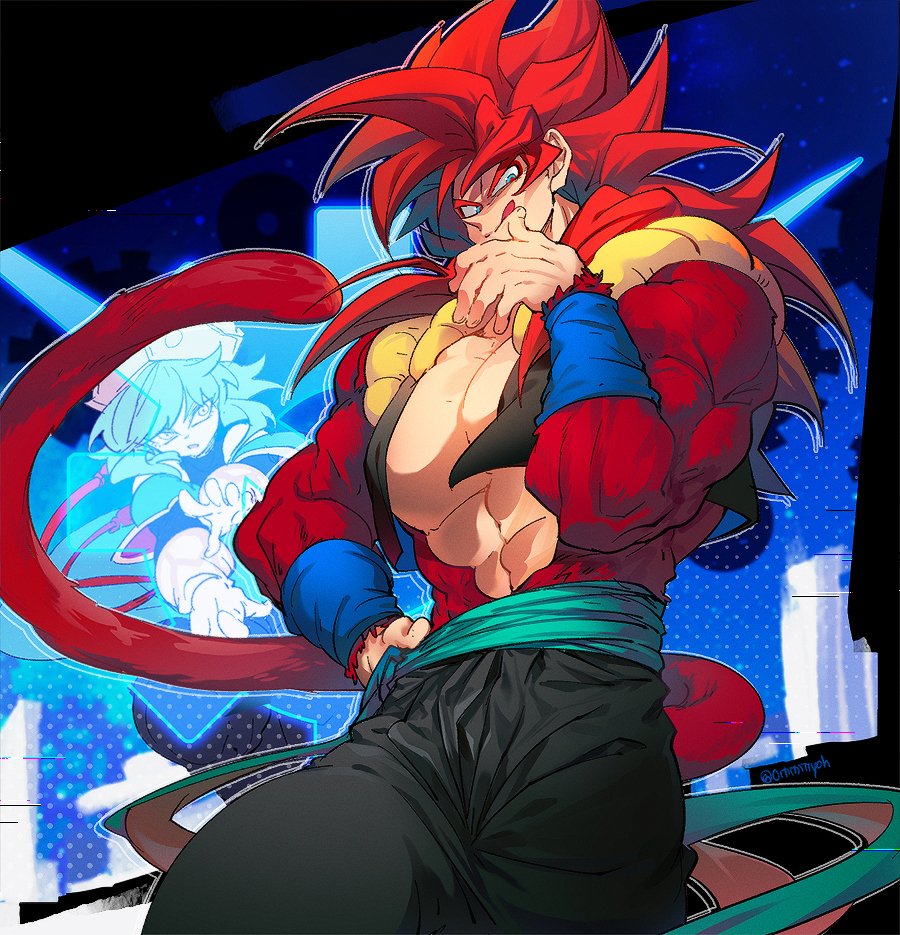 1boy 1girl aeos baggy_clothes bare_shoulders black_undershirt blue_eyes blue_hair blue_sash blue_skin colored_skin dougi dragon_ball dragon_ball_heroes earrings gloves gogeta gogeta_(xeno) jewelry long_hair looking_at_viewer male_focus metamoran_vest monkey_boy monkey_tail muscular muscular_male ommmyoh pants pointy_ears potara_earrings red_fur saiyan sash short_hair smile spiked_hair super_saiyan super_saiyan_4 tail tiara time_patrol_(dragon_ball) twitter_username undershirt white_gloves