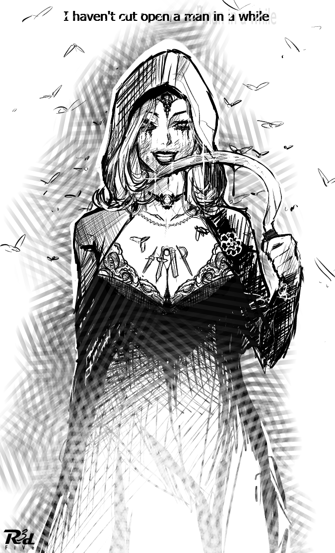 1girl bela_dimitrescu breasts bug circlet cleavage cloak english_text evil_smile fly greyscale hood hooded_cloak insect jewelry makeup medium_hair monochrome necklace r3dfive resident_evil resident_evil_village runny_makeup sickle simple_background smile solo white_background
