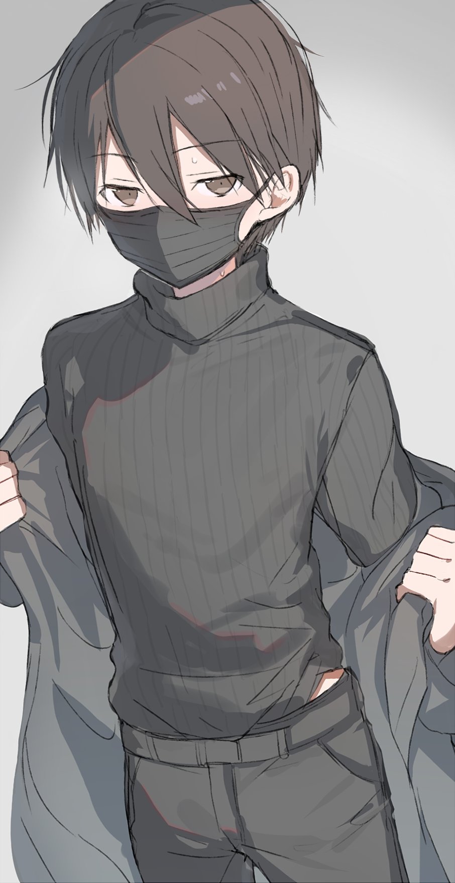 1boy black_mask black_pants black_sweater brown_eyes brown_hair coat cowboy_shot grey_background hair_between_eyes highres kirito long_sleeves looking_at_viewer male_focus mask mouth_mask ogura_ari open_clothes open_coat pants simple_background solo sweat sweater sword_art_online turtleneck turtleneck_sweater