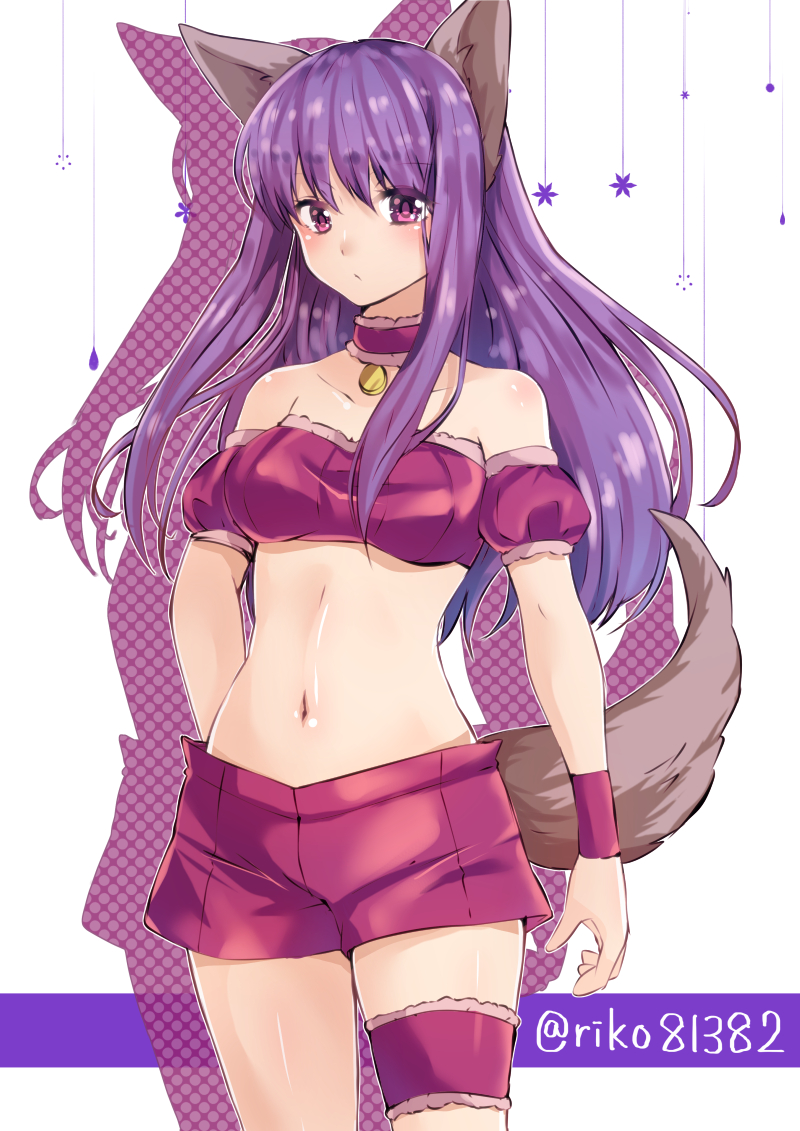 1girl animal_ears bell bra collar cowboy_shot detached_sleeves fujiwara_zakuro jingle_bell looking_at_viewer magical_girl mew_zakuro navel neck_bell pout puffy_detached_sleeves puffy_sleeves purple_bra purple_collar purple_eyes purple_shorts shadow shidou_riko shorts solo tail thigh_strap tokyo_mew_mew twitter_username two-tone_background underwear white_background wolf_ears wolf_girl wolf_tail