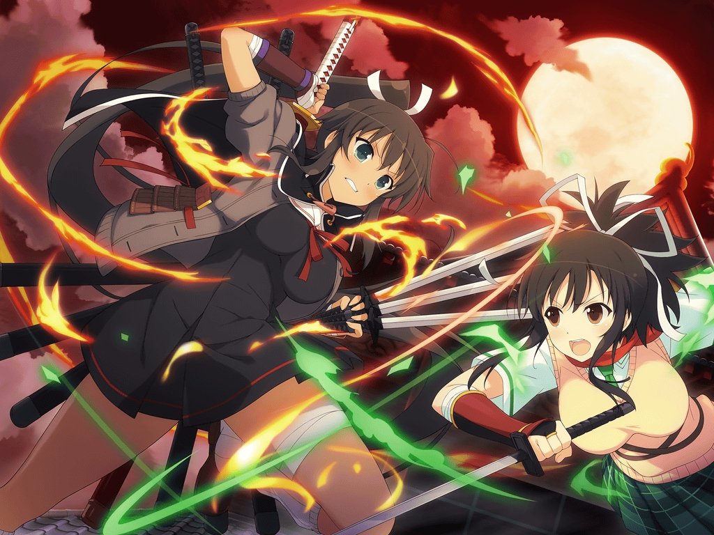 2girls architecture armor asuka_(senran_kagura) bandaged_hand bandages battle belt black_hair blush breasts brown_eyes cloud commentary dark-skinned_female dark_skin drawing_sword dress dual_wielding duel east_asian_architecture energy english_commentary fighting fire full_moon green_eyes green_necktie green_skirt grey_jacket hair_ribbon high_ponytail holding holding_sword holding_weapon homura_(senran_kagura) impossible_clothes impossible_sweater jacket japanese_armor katana koshirae kote kurokote large_breasts leg_warmers long_hair looking_at_another midair moon moonlight multiple_girls multiple_swords multiple_wielding nature necktie night night_sky official_art ootachi open_mouth outdoors plaid_clothes plaid_skirt ponytail red_moon red_scarf red_sky reverse_grip ribbon scabbard scarf school_uniform senran_kagura senran_kagura_shinovi_versus senran_kagura_shoujo-tachi_no_shin&#039;ei sheath sheathed shirt short_dress short_hair short_ponytail skirt sky smirk sweater sweater_vest sword tan teeth thigh_strap tile_roof tongue tsuba_(guard) tsuka-ito unsheathed upper_teeth_only very_long_hair vest wakizashi weapon white_ribbon white_shirt yaegashi_nan