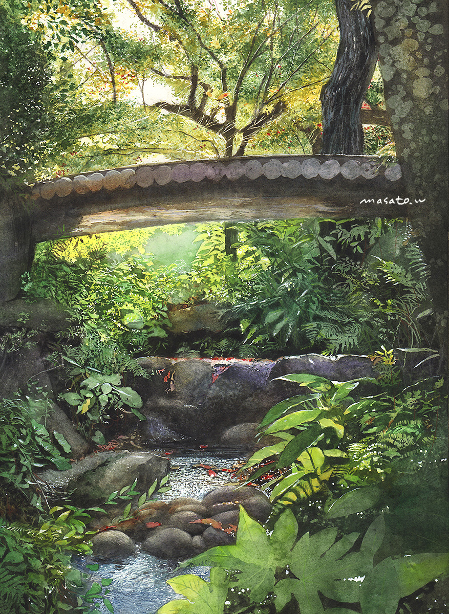bridge day fern grass highres moss no_humans original painting_(medium) plant pond rock shadow sunlight traditional_media tree watanabe_masato watercolor_(medium) weeds wooden_bridge