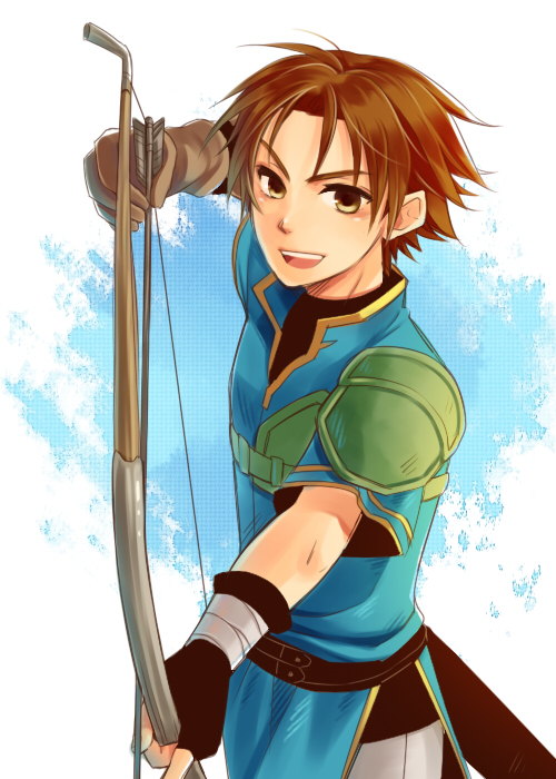 1boy arrow_(projectile) bandages bow_(weapon) brown_eyes brown_hair fingerless_gloves fire_emblem fire_emblem:_the_blazing_blade gloves kiyuu male_focus nintendo open_mouth teeth upper_body weapon wil_(fire_emblem)