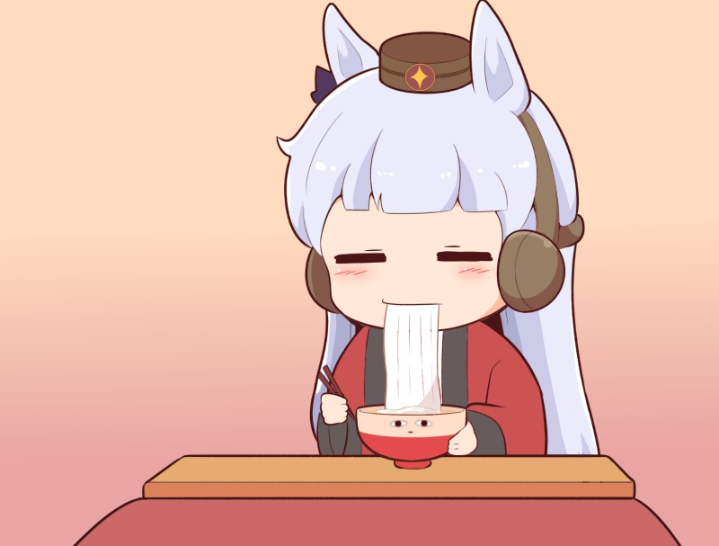1girl blush_stickers bow bowl brown_background brown_hat chibi chopsticks closed_eyes closed_mouth ear_bow ear_covers eating facing_viewer food gintama gold_ship_(umamusume) gomashio_(goma_feet) gradient_background hat holding holding_chopsticks justaway kotatsu long_hair mini_hat noodles open_clothes purple_bow solo table umamusume upper_body very_long_hair
