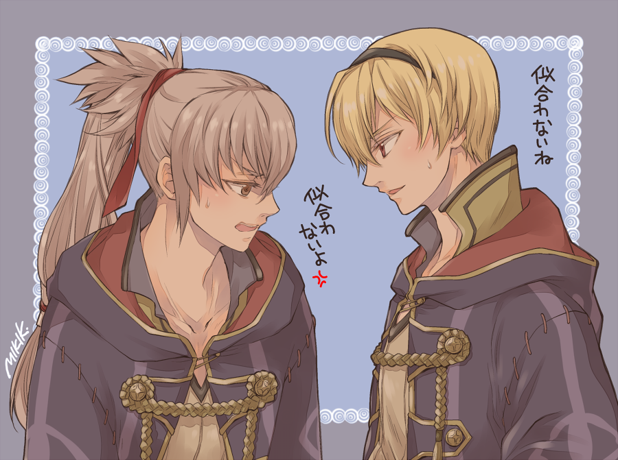 2boys angry artist_name blonde_hair cosplay fire_emblem fire_emblem_fates grey_hair hood hoodie kizuki_miki leo_(fire_emblem) long_hair male_focus male_robin_(fire_emblem) male_robin_(fire_emblem)_(cosplay) multiple_boys nintendo open_mouth orange_eyes ponytail red_eyes takumi_(fire_emblem)