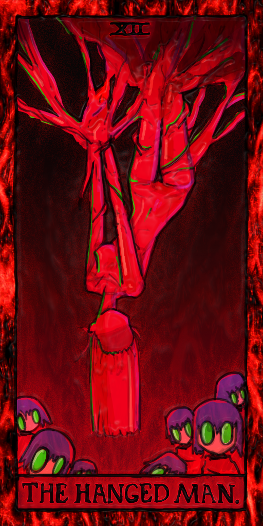 6+girls blunt_ends border breasts card_(medium) color_contrast commentary completely_nude english_commentary english_text exposed_muscle faceless faceless_female green_eyes hanging horror_(theme) hrz_uhi long_hair medium_breasts molodost_(peripeteia) multiple_girls no_eyes no_mouth no_nipples no_nose no_pussy no_skin nude peripeteia purple_hair red_background red_border red_theme roman_numeral solid_eyes stasia_(peripeteia) straight_hair suspension tarot tarot_(medium) the_hanged_man_(tarot) turning_head upside-down