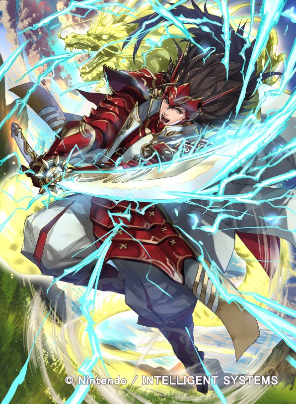 1boy armor armored_boots boots brown_eyes brown_hair cloud copyright_name dragon electricity fire_emblem fire_emblem_cipher fire_emblem_fates gloves grass japanese_armor kuroba.k long_hair male_focus mountain nintendo official_art open_mouth ryoma_(fire_emblem) sky solo sword teeth weapon