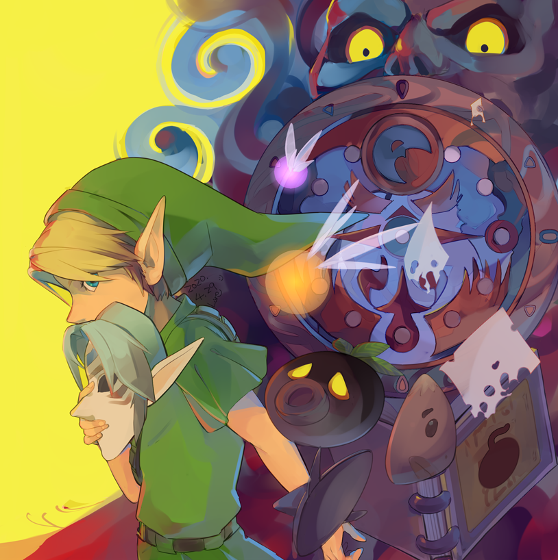 1boy belt blue_eyes book brown_belt dated deku_mask fairy fierce_deity fierce_deity_mask goron_mask green_tunic holding holding_mask link male_focus mask moon_(zelda) nintendo open_book paper pointy_ears short_hair tael tatl the_legend_of_zelda the_legend_of_zelda:_majora&#039;s_mask tunic yellow_eyes young_link zora_mask