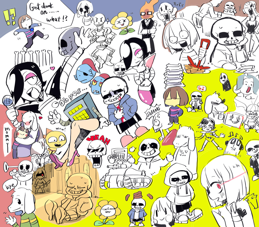 2others 3girls 6+boys asriel_dreemurr blue_jacket chara_(undertale) english_text fire flower flowey_(undertale) frisk_(undertale) grillby jacket mettaton mettaton_(box) mettaton_ex military_vehicle monster_kid_(undertale) motor_vehicle multiple_boys multiple_girls multiple_others napstablook papyrus_(undertale) red_eyes robot sans_(undertale) sitting skeleton sketch smile speech_bubble tank temmie terada_tera toriel undertale undyne w.d._gaster