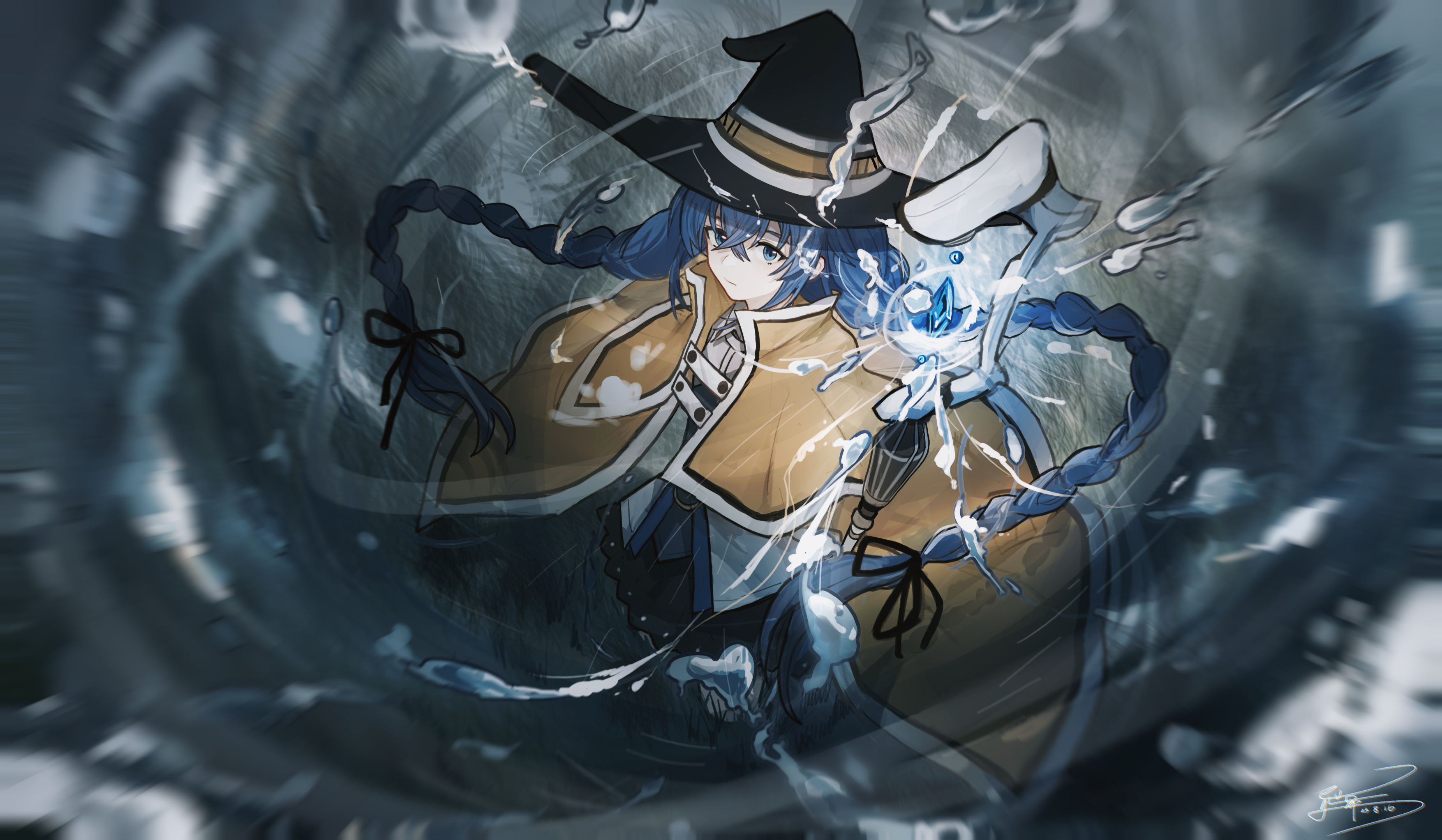 1girl absurdres black_bow black_hat blue_eyes blue_hair bow braid braided_twintails cape casting_spell chinese_commentary commentary crossed_bangs crystal dated dress expressionless floating_hair from_above grasslands hair_between_eyes hair_bow hat highres holding holding_staff large_hat long_grass long_hair looking_at_viewer looking_up low-tied_long_hair low_twintails magic mushoku_tensei roxy_migurdia signature solo staff twin_braids twintails water white_dress witch_hat yellow_cape yisjhui