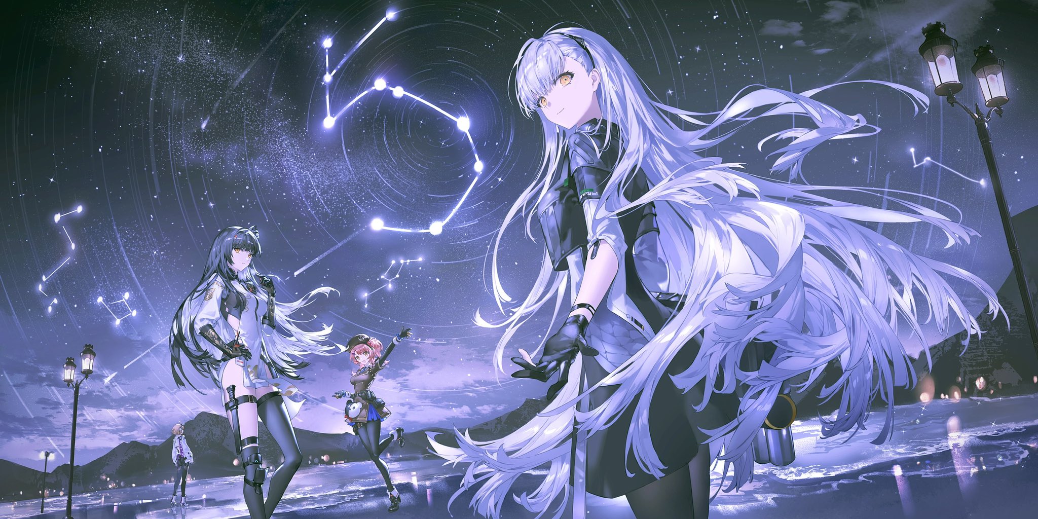 4girls aa-12_(girls'_frontline) ak-alfa_(girls'_frontline) black_hair blonde_hair cheeta_(girls'_frontline_2) constellation constellation_request girls'_frontline girls'_frontline_2:_exilium highres lamppost libuqilai lind_(girls'_frontline_2) long_hair looking_at_viewer mountainous_horizon mp7_(girls'_frontline) multiple_girls orange_eyes pink_hair qbz-191_(girls'_frontline) qiongjiu_(girls'_frontline_2) short_hair sky star_(sky) starry_sky tololo_(girls'_frontline_2) white_hair yellow_eyes