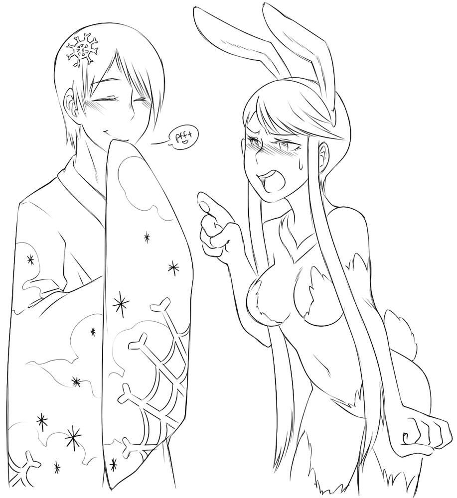 animal_ears blush rabbit_ears cosplay couple fur japanese_clothes kasuga kimono laughing nyxon nyxondyx sengoku_basara short_hair short_hair_with_long_locks tail uesugi_kenshin uesugi_kenshin_(sengoku_basara) yuki_onna