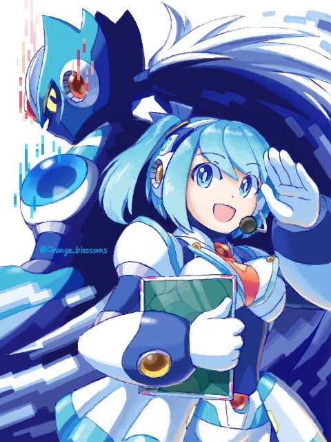 1boy 1girl android armor blue_armor blue_bodysuit blue_eyes blue_hair blue_helmet blue_skin bodysuit breasts chest_jewel clipboard colored_sclera colored_skin forehead_jewel from_behind gloves gradient_hair grey_hair headgear headset helmet holding holding_clipboard joints large_breasts long_hair looking_at_another medium_breasts mega_man_(series) mega_man_x_(series) mega_man_x_dive miniskirt multicolored_hair navigator netnavi no_mouth one_side_up open_mouth orange_blossoms(megaman) ponytail rico_(mega_man) robot_ears robot_girl robot_joints salute shirt short_hair shorts shoulder_jewel side_ponytail simple_background skirt slit_pupils smile two_side_up via_(mega_man) white_armor white_background white_shirt white_shorts yellow_sclera