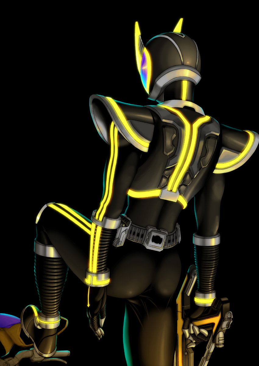 1boy armor ass back belt from_behind glowing gun highres kamen_rider kamen_rider_555 kamen_rider_kaixa male_focus skin_tight solaris_x2 solo weapon