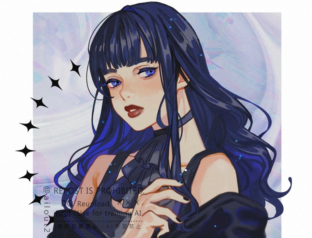 1girl ailout2 ascot bare_shoulders black_ascot blue_eyes blue_hair coat final_fantasy final_fantasy_xiv gaia_(ff14) looking_at_viewer off_shoulder parted_lips portrait red_lips sleeveless solo thick_eyebrows watermark