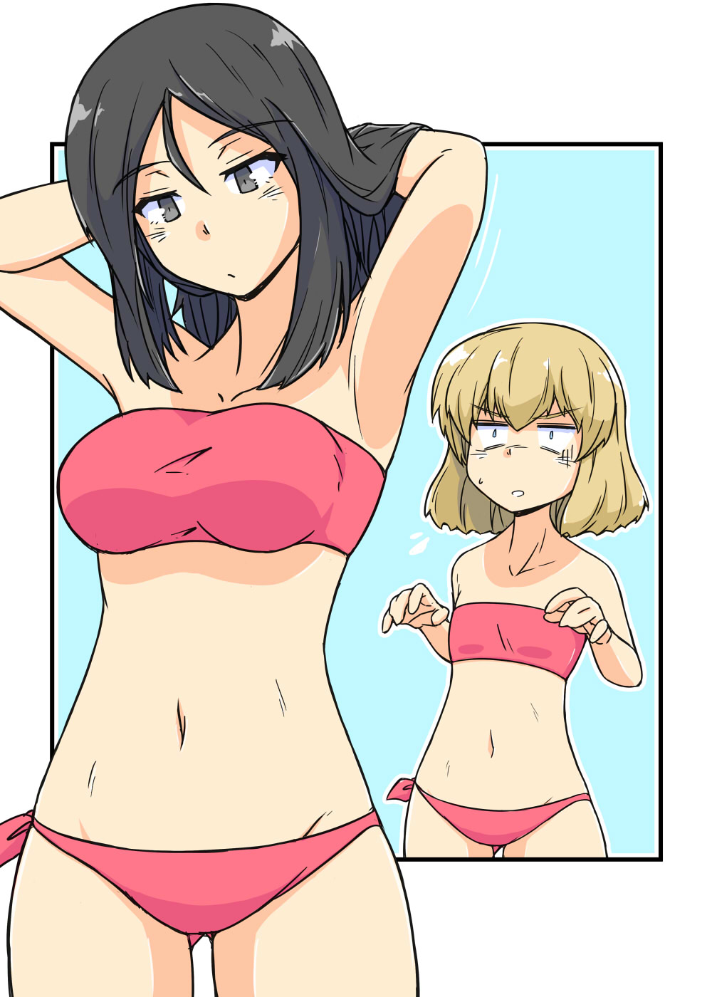 2girls armpits bikini black_hair blonde_hair blue_background blue_eyes blush border breasts collarbone girls_und_panzer grey_eyes highres katyusha_(girls_und_panzer) large_breasts long_hair multiple_girls navel nonna_(girls_und_panzer) pink_bikini pink_tube_top renshiu short_hair side-tie_bikini_bottom simple_background small_breasts strapless swimsuit tube_top white_border