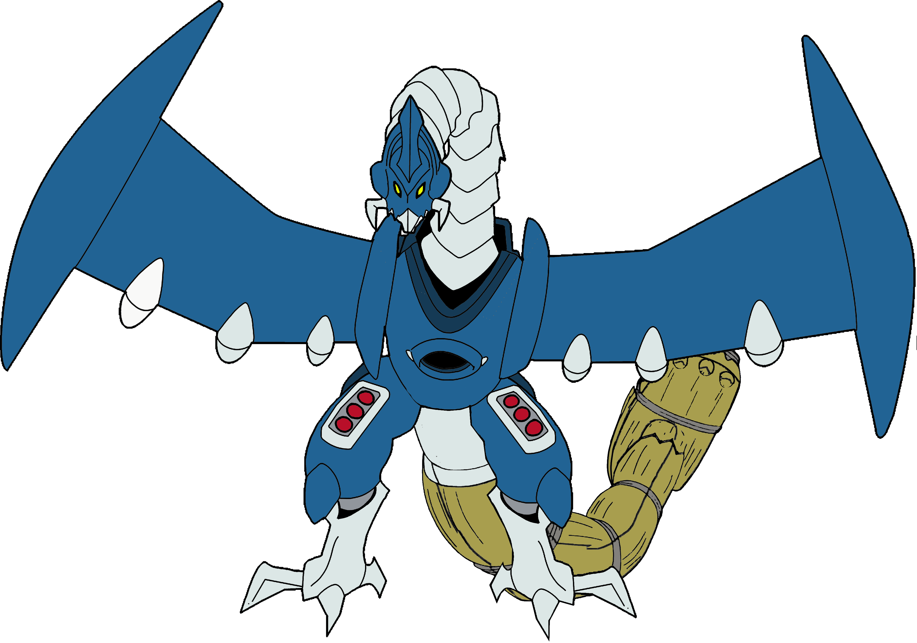 absurdres claws digimon digimon_(creature) fusion golemon highres looking_at_viewer mailbirdramon mailbirdramon_+_golemon robot solo tail wings yellow_eyes