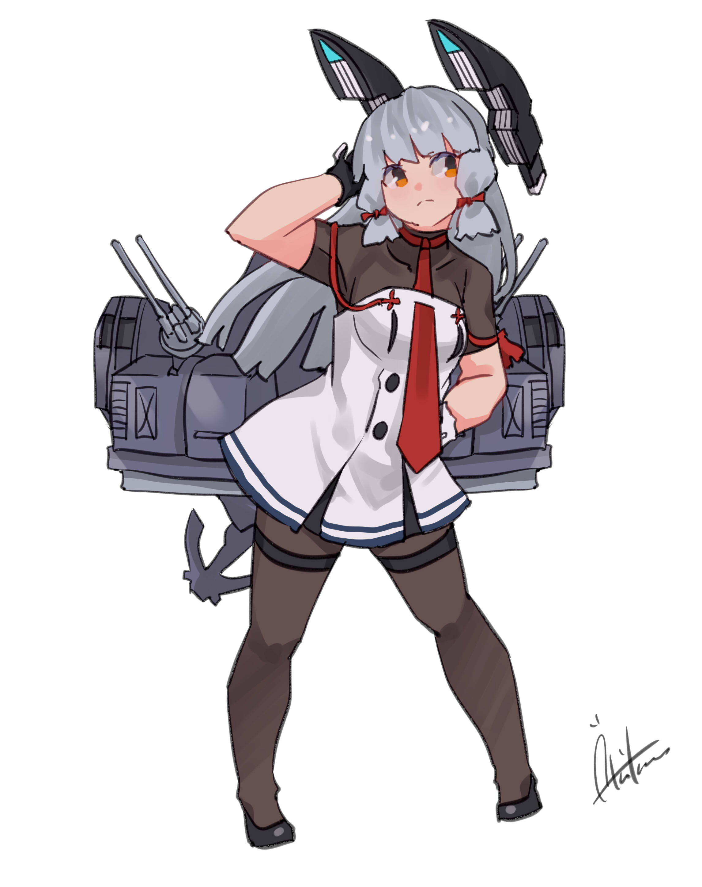 1girl absurdres black_undershirt floating_headgear full_body grey_hair hair_ribbon headgear highres inica kantai_collection long_hair murakumo_(kancolle) murakumo_kai_ni_(kancolle) necktie orange_hair pantyhose red_necktie ribbon sidelocks solo thighband_pantyhose tress_ribbon very_long_hair