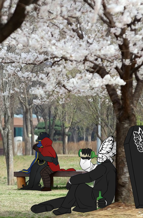 1girl 2boys animal_head black_coat black_gloves black_pants blue_cape bug butterfly cape coat coffin der_freischuetz_(project_moon) extra_arms flaming_head flower force_(4sk_force) forest funeral_of_the_dead_butterflies gloves hood hooded_cape hug insect little_red_riding_hooded_mercenary lobotomy_corporation multiple_boys nature pants project_moon red_cape shirt tree white_flower white_shirt
