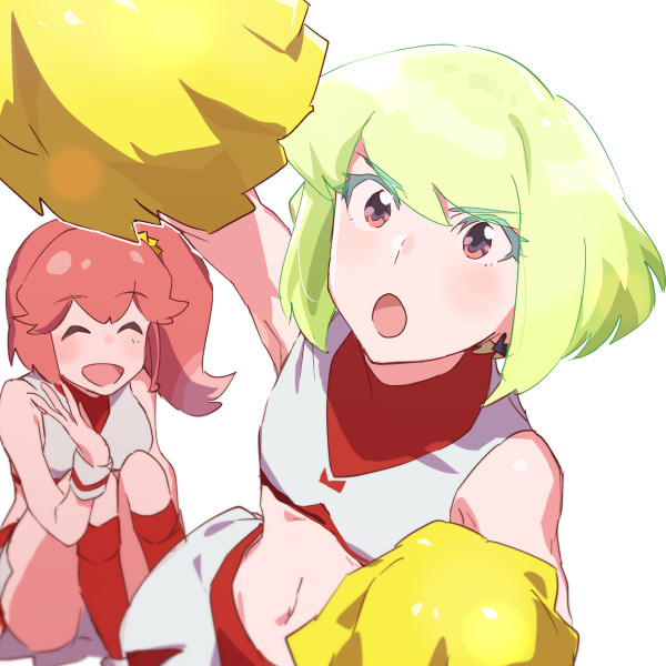 1boy 1girl :d :o aina_ardebit alternate_costume arm_up blonde_hair cheering cheerleader crossdressing knees_to_chest knees_up lio_fotia male_focus matching_outfits ns1123 open_mouth pink_hair pom_pom_(cheerleading) promare purple_eyes short_hair side_ponytail simple_background sitting smile solo_focus trap white_background