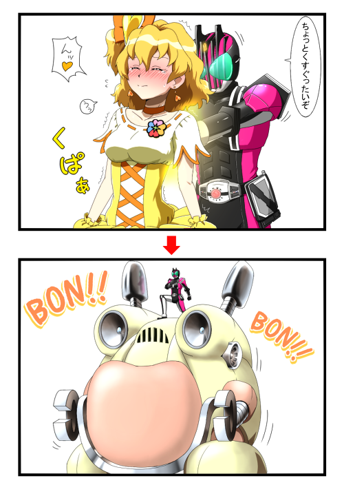 00s 1girl akiko_nakagawa belt blonde_hair blush bomper bow breasts choker crossover cure_pine dress earrings engine_sentai_go-onger final_form_ride fresh_precure! heart jewelry kamen_rider kamen_rider_dcd kamen_rider_decade magical_girl nakagawa_akiko precure voice_actor_connection short_hair super_sentai tj-type1 yamabuki_inori