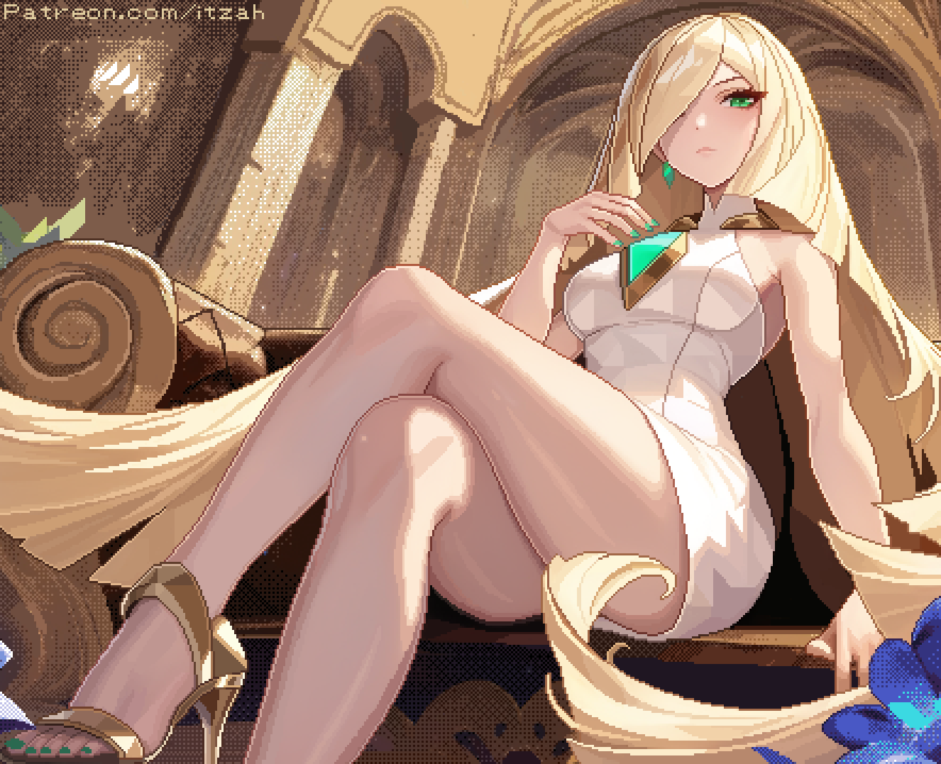1girl blonde_hair breasts commentary crossed_legs dress earrings english_commentary green_eyes green_nails indoors itzah jewelry long_hair looking_at_viewer lusamine_(pokemon) nail_polish nintendo pixel_art pokemon pokemon_sm sitting sleeveless sleeveless_dress solo swept_bangs very_long_hair white_dress