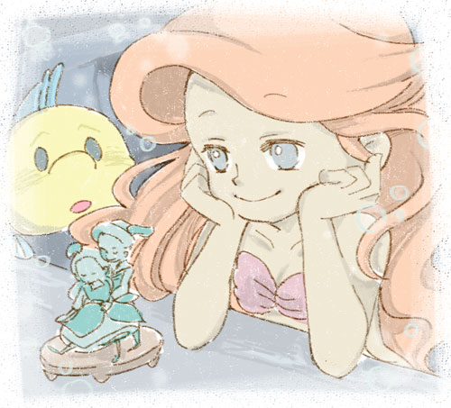 1girl air_bubble ariel_(disney) bare_shoulders bikini blue_eyes bubble closed_mouth collarbone figure fish flounder_(the_little_mermaid) hands_on_own_face long_hair lowres red_hair shell shell_bikini siho_(softcolor) smile solo_focus the_little_mermaid_(disney) underwater very_long_hair