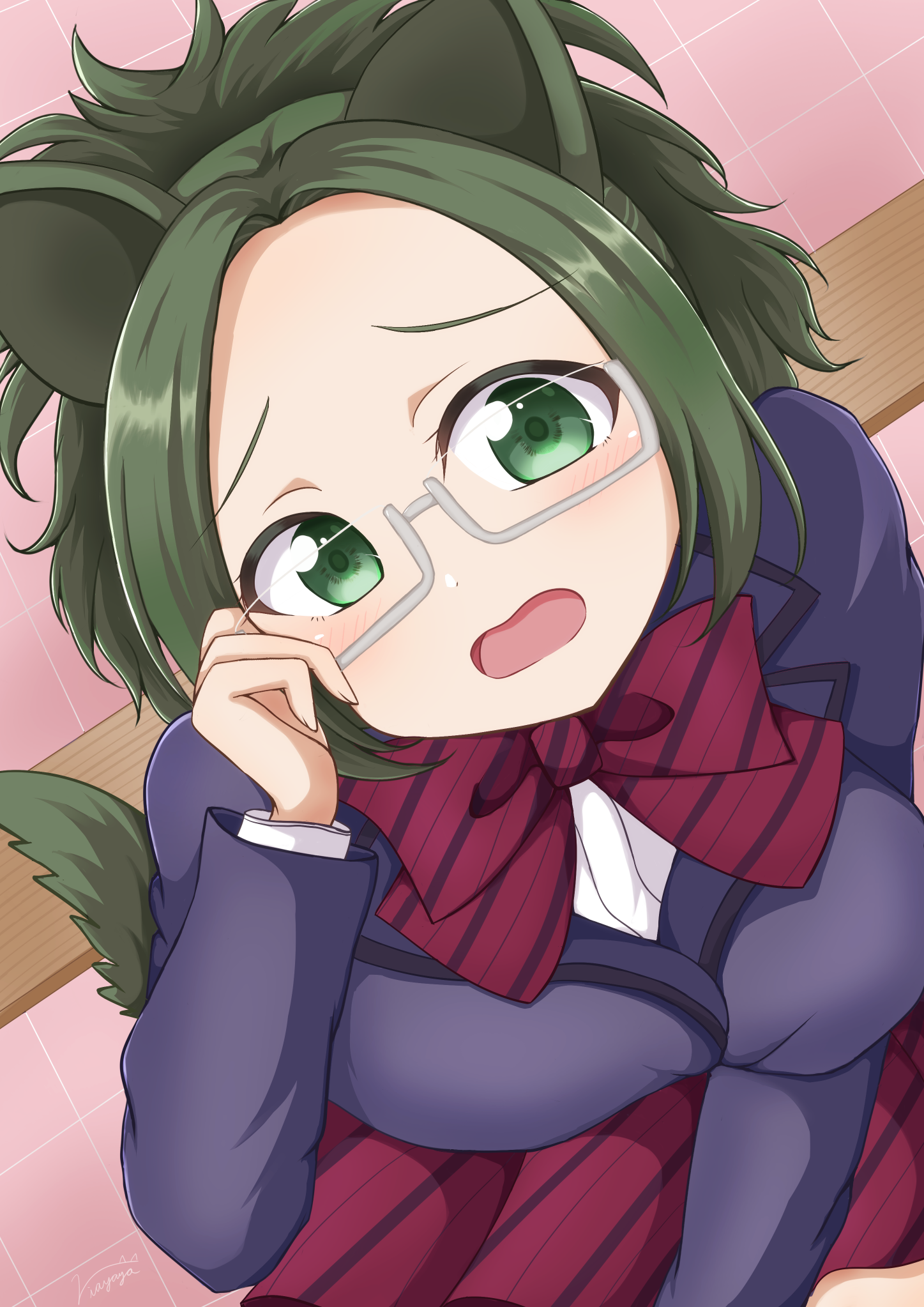 1girl agari_himiko animal_ears breasts glowing green_eyes green_hair highres holding holding_removed_eyewear itan_private_high_school_uniform komi-san_wa_komyushou_desu large_breasts looking_at_viewer open_mouth riayaya school_uniform solo tail unworn_eyewear