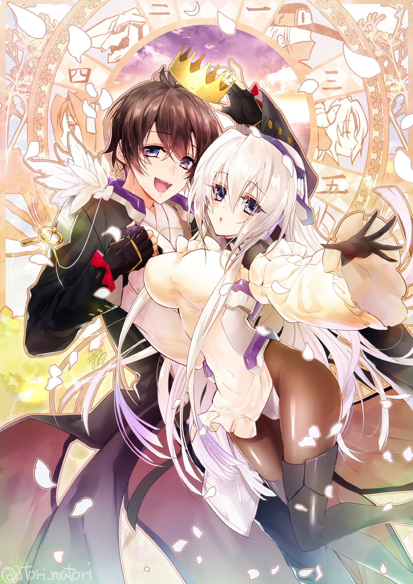 1boy 1girl aoi_toori apron blue_eyes bodysuit breasts brown_hair cowboy_shot crown earrings grey_hair highres holding_hands horizon_ariadust jewelry kyoukaisenjou_no_horizon large_breasts long_hair matori_(penguin_batake) open_mouth short_hair smile