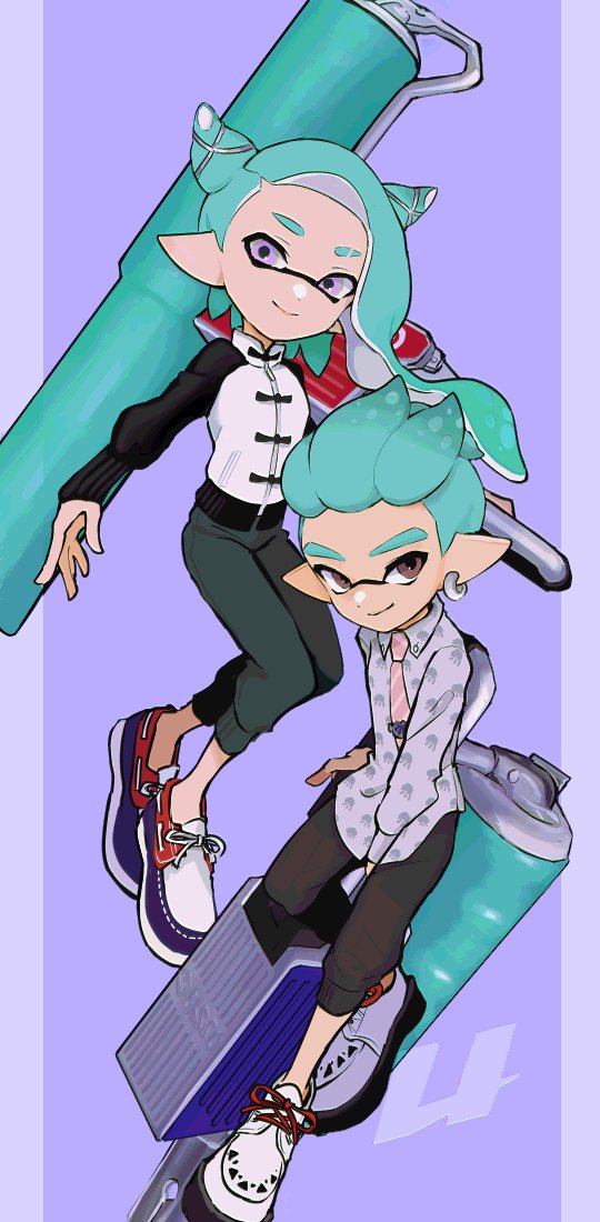 1boy 1girl black_sleeves blue_hair brown_eyes capri_pants closed_mouth collared_shirt commentary earrings eyebrow_cut flingza_roller_(splatoon) full_body green_pants grey_shirt hair_horns hair_ornament hair_slicked_back holding holding_weapon imaikuy0 inkling inkling_boy inkling_girl inkling_player_character jacket jewelry long_hair long_sleeves looking_at_viewer necktie nintendo pants pink_necktie pointy_ears purple_background purple_eyes shirt shoes short_hair smile splatoon_(series) symbol-only_commentary tentacle_hair weapon white_jacket white_shoes x_hair_ornament