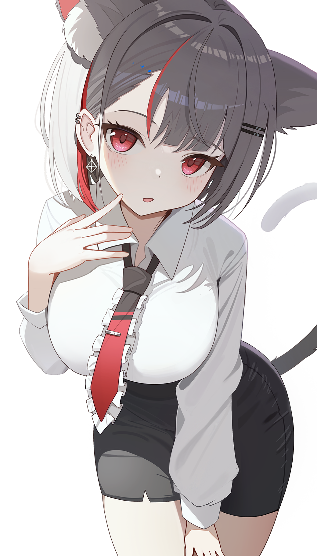 1girl animal_ear_fluff animal_ears black_skirt blush breasts brown_hair cat_ears cat_girl cat_tail collared_shirt commentary commentary_request cowboy_shot ear_piercing earrings extra_ears finger_to_cheek frilled_necktie hand_up headband high-waist_skirt highres jewelry kinsuke_z large_breasts leaning_forward long_sleeves looking_at_viewer multicolored_hair necktie neneko_mashiro open_mouth pencil_skirt piercing red_eyes red_necktie shirt short_hair skirt solo stellive streaked_hair symbol-only_commentary tail two-tone_hair virtual_youtuber white_shirt