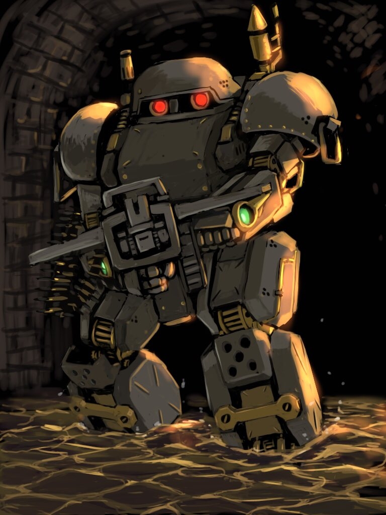 bow_(weapon) crossbow holding holding_crossbow holding_weapon looking_at_viewer mecha mori_souchou no_humans pixiv_fantasia pixiv_fantasia_scepter_of_zeraldia red_eyes robot sewer solo wading water weapon
