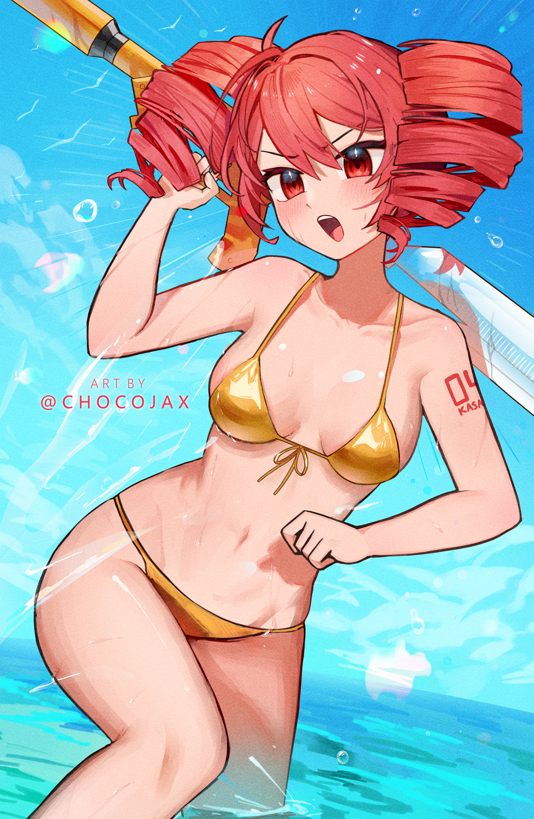 1girl alternate_costume arm_up bikini blue_sky blush breasts chocojax collarbone commentary commentary_request day drill_hair english_commentary feet_out_of_frame hair_between_eyes highres holding holding_weapon kasane_teto leaning_to_the_side looking_ahead medium_breasts navel on_water outdoors partially_submerged red_eyes red_hair sky solo standing swimsuit twin_drills twitter_username utau weapon yellow_bikini