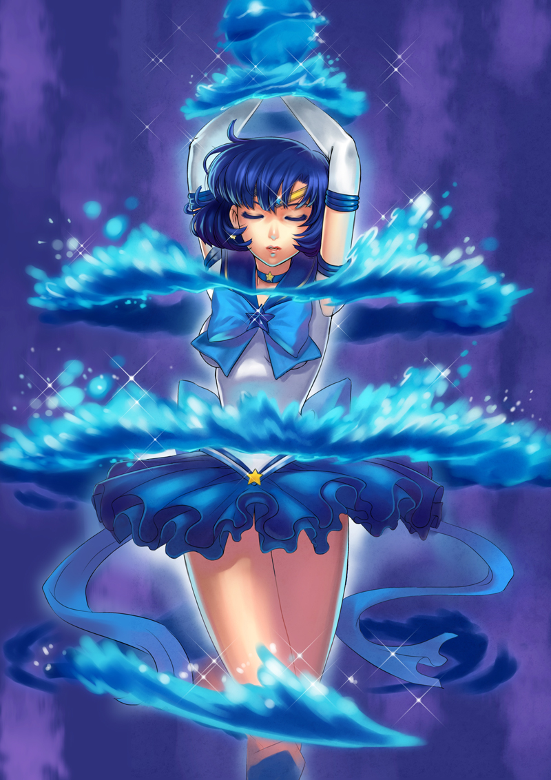 1990s_(style) 1girl arms_up bishoujo_senshi_sailor_moon bishoujo_senshi_sailor_moon_stars blue_hair blue_sailor_collar blue_skirt blue_theme boots bow brooch choker closed_eyes earrings elbow_gloves female_focus gloves hydrokinesis jewelry knee_boots legs magical_girl miniskirt mizuno_ami pleated_skirt retro_artstyle ribbon sailor_collar sailor_mercury short_hair skirt solo sparkle star_(symbol) super_sailor_mercury_(stars) tiara transformation water white_gloves yukiusagi1983