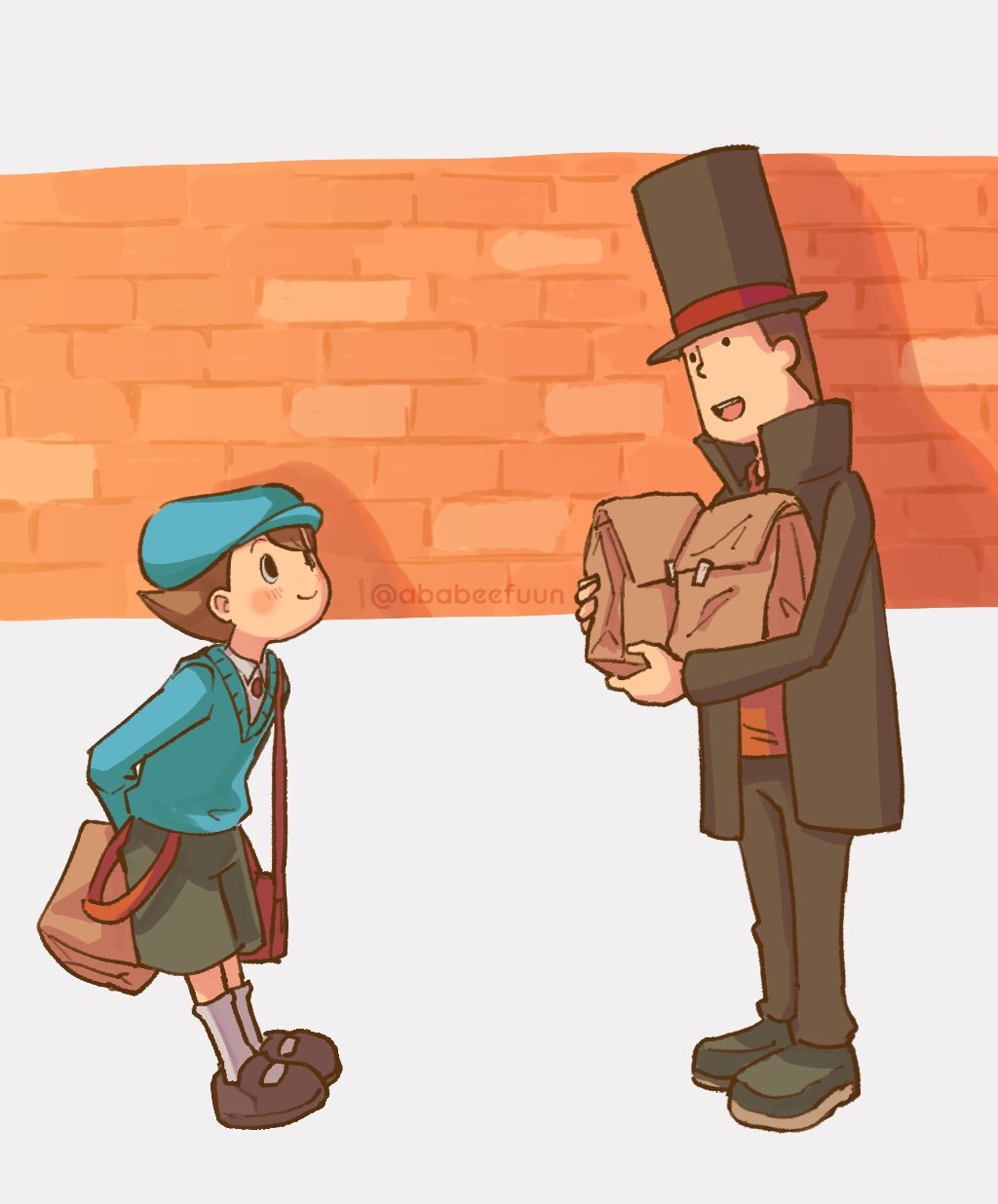 2boys abarenbou_bifun arms_behind_back bag black_footwear black_headwear black_jacket black_pants blue_headwear blue_sweater brick_wall brown_eyes brown_footwear brown_hair newsboy_cap commentary_request full_body grey_shorts hat hershel_layton highres holding holding_bag jacket long_sleeves looking_at_another luke_triton male_focus multiple_boys open_mouth pants paper_bag professor_layton red_bag shirt shoes short_hair shorts shoulder_bag smile socks standing sweater top_hat white_shirt white_socks