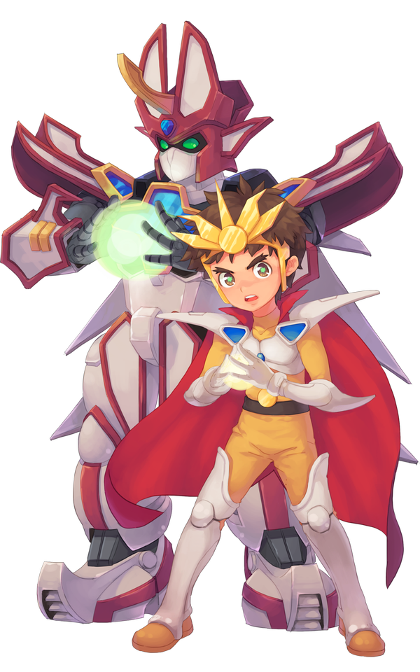 1boy armor boots brown_hair cape energy_ball gloves granzort green_eyes haruka_daiichi looking_at_viewer madou_king_granzort male_focus mecha own_hands_together pagom red_cape robot short_hair standing thick_eyebrows white_gloves