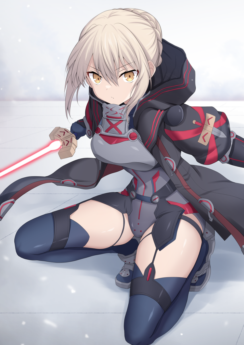 1girl armor artoria_pendragon_(fate) black_jacket black_thighhighs blonde_hair braid breasts cross_(crossryou) fate/grand_order fate_(series) hair_between_eyes highres holding holding_sword holding_weapon hood hood_down hooded_jacket jacket large_breasts mysterious_heroine_x_alter_(fate) short_hair solo squatting sword thighhighs weapon yellow_eyes