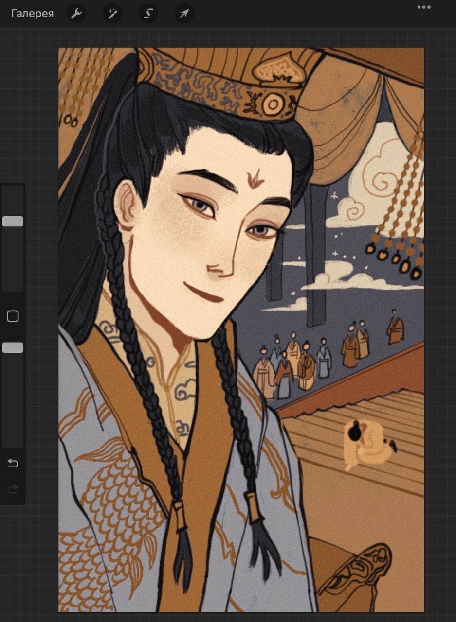 1boy above_clouds art_program_in_frame black_hair braid chinese_clothes closed_mouth cloud color_contrast dragon_print facial_mark film_grain forehead_mark grey_eyes grey_hanfu grey_sky guan_hat hanfu hat highres huadian jun_wu kneeling layered_clothes light_smile long_hair long_sleeves looking_at_viewer male_focus mian_guan orange_hanfu orange_trim people russian_commentary side_braids sky smile solo sparkle stairs throne tianguan_cifu upper_body xiangyun yaroslava_murashko