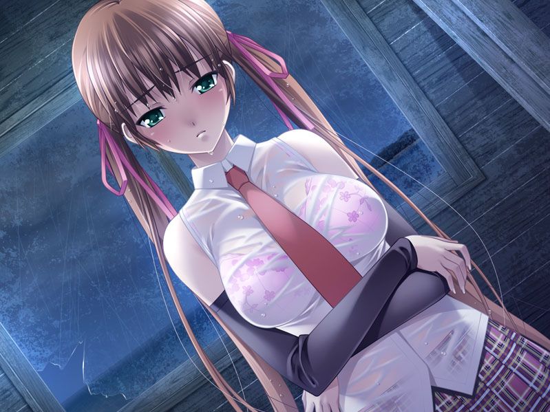 10s 1girl asagi_kasumi bare_shoulders blush bra breasts detached_sleeves female_focus game_cg grand_cru_(company) green_eyes indoors kinohara_hikaru lingerie necktie night rain reunion reunion_~mikkakan_dake_no_puchi_dousei~ see-through_clothes sky solo twintails underwear wet