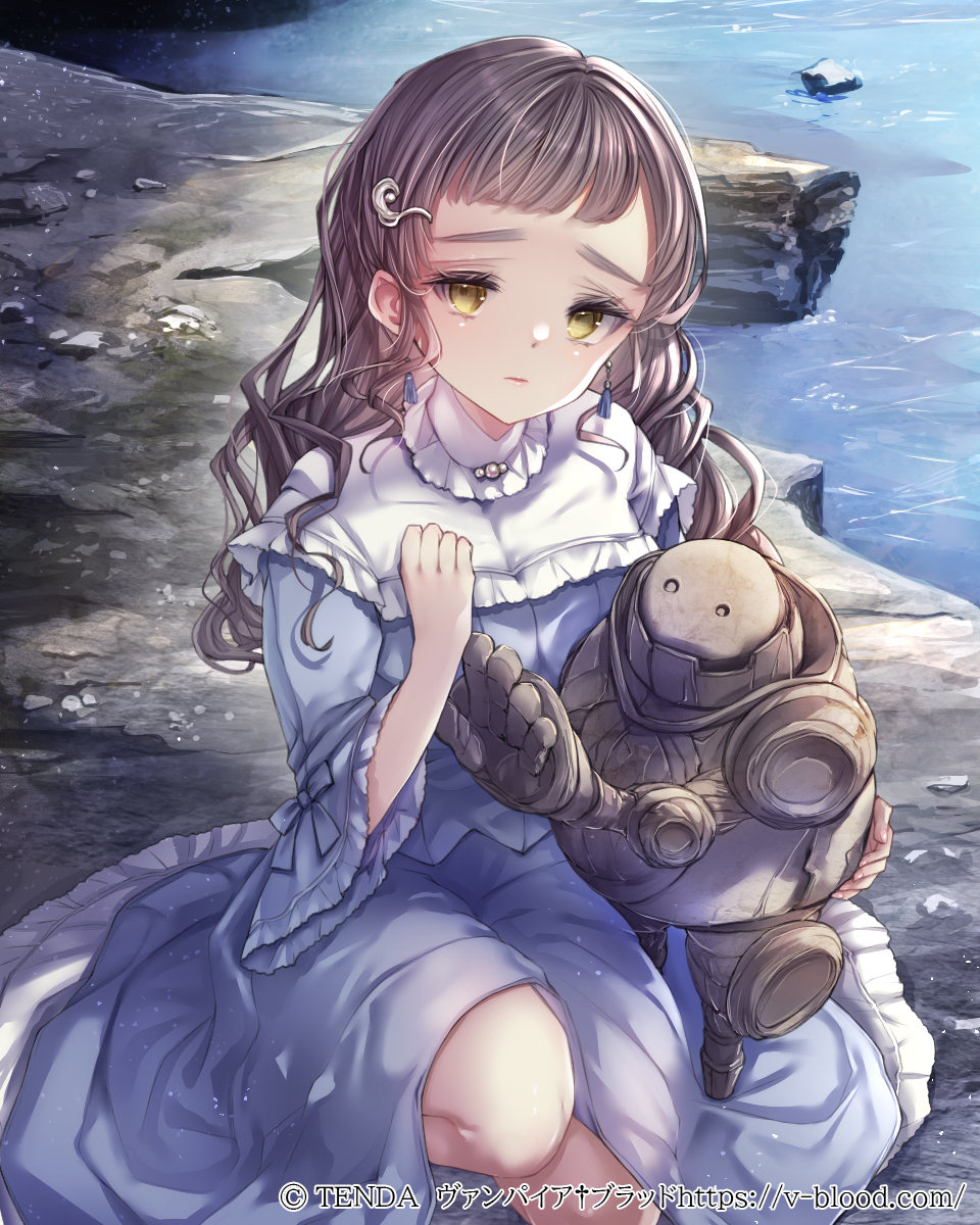 1girl blue_shirt blue_skirt brown_hair closed_mouth commentary_request copyright_name copyright_notice earrings frilled_skirt frilled_sleeves frills golem hair_ornament hane_segawa highres jewelry long_hair looking_at_viewer meir_sharl ocean official_art on_one_knee outdoors shirt skirt solo vampire_blood wide_sleeves yellow_eyes