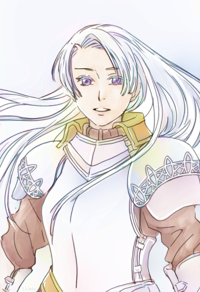 1girl armor chiako_(chanome) chris_lightfellow gensou_suikoden gensou_suikoden_iii long_hair looking_at_viewer purple_eyes simple_background solo white_background white_hair