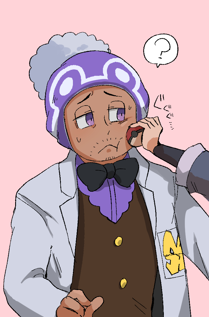 1boy 1girl ? black_bow black_bowtie bow bowtie brown_vest buttons coat commentary_request facial_hair hat hisuian_poke_ball holding holding_poke_ball professor_laventon logo nintendo open_clothes open_coat pink_background poke_ball pokemon pokemon_legends:_arceus purple_eyes purple_hat purple_shirt raised_eyebrows shirt soba3192 spoken_question_mark stubble sweat upper_body vest