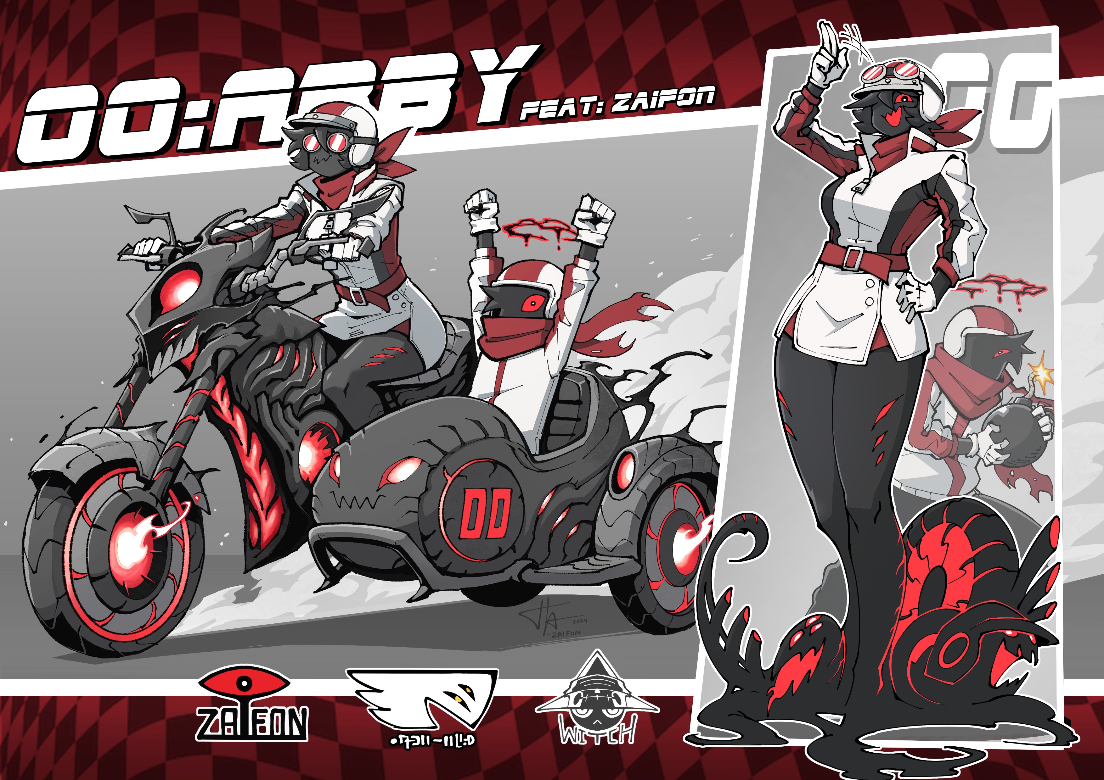 1boy 1girl abby_(za1f0n) absurdres arms_up artist_self-insert belt biker_clothes bikesuit black_hair black_halo blood blood_halo bodysuit bomb breasts colored_sclera colored_skin dated eldritch_abomination english_text explosive extra_eyes full_body gloves goggles hair_over_one_eye halo hand_on_own_hip helmet highres holding holding_bomb jumpsuit liquid_halo lit_fuse long_sleeves looking_at_viewer monster_girl motor_vehicle motorcycle motorcycle_helmet multiple_views original race_vehicle racing_suit red-tinted_eyewear red_belt red_eyes red_scarf red_sclera scarf sidecar sitting tinted_eyewear white_gloves za1f0n