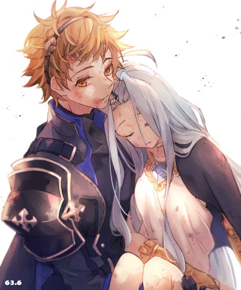 1boy 1girl 63_rok armor black_cape black_shirt blue_gemstone blue_hair bridal_gauntlets brown_eyes brown_hair bruise bruise_on_face cape carrying closed_eyes debris dress gem gran_(granblue_fantasy) granblue_fantasy highres injury long_hair lyria_(granblue_fantasy) princess_carry relic_buster_(granblue_fantasy) shirt short_hair shoulder_armor white_background white_dress