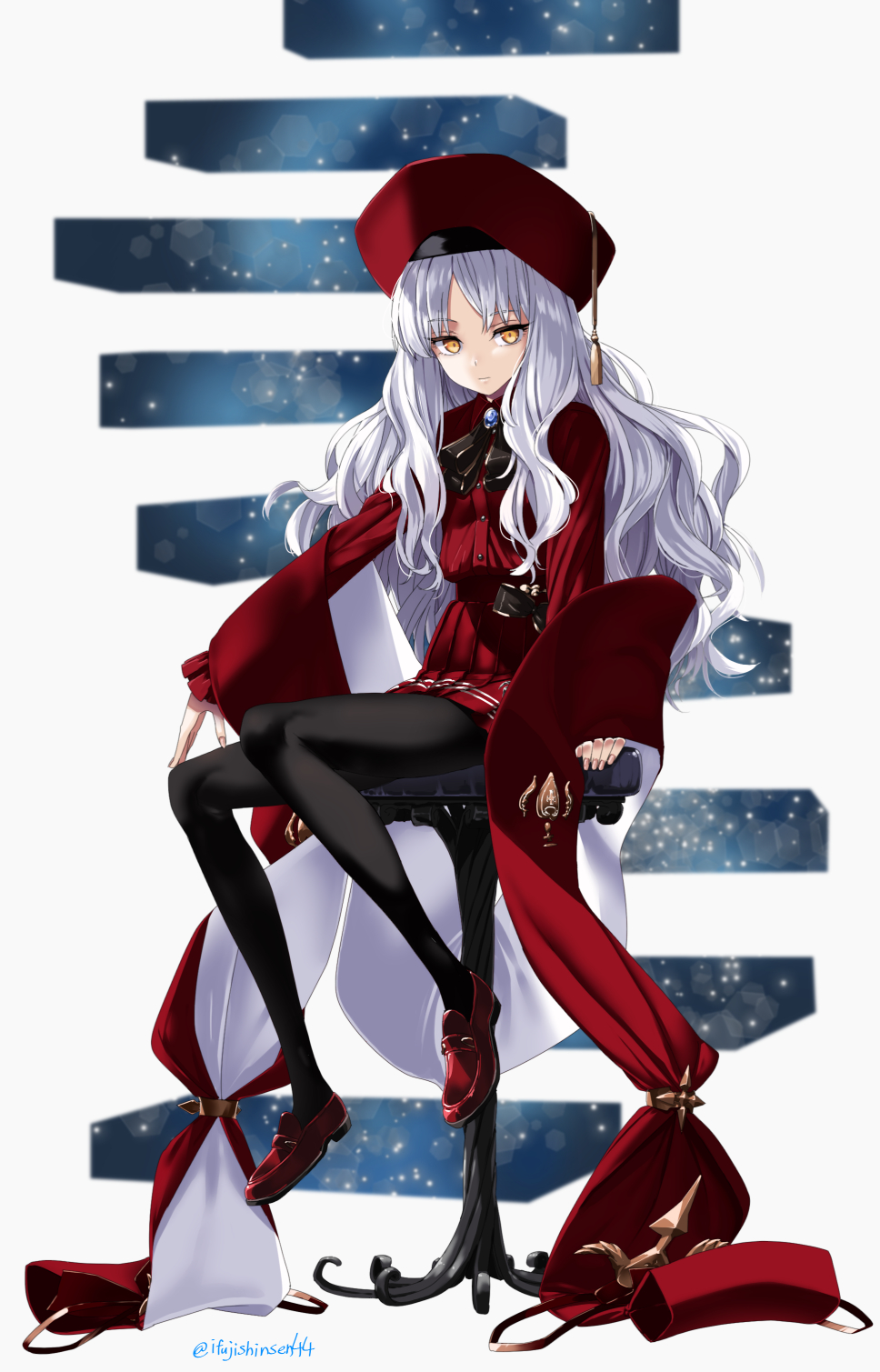 1girl black_pantyhose blue_brooch caren_hortensia caren_hortensia_(amor_caren) caren_hortensia_(amor_caren)_(second_ascension) commentary dress expressionless fate/grand_order fate_(series) fingernails full_body hat highres ifuji_shinsen long_hair long_sleeves looking_at_viewer pantyhose red_dress red_footwear red_hat simple_background sitting solo stairs twitter_username white_hair yellow_eyes