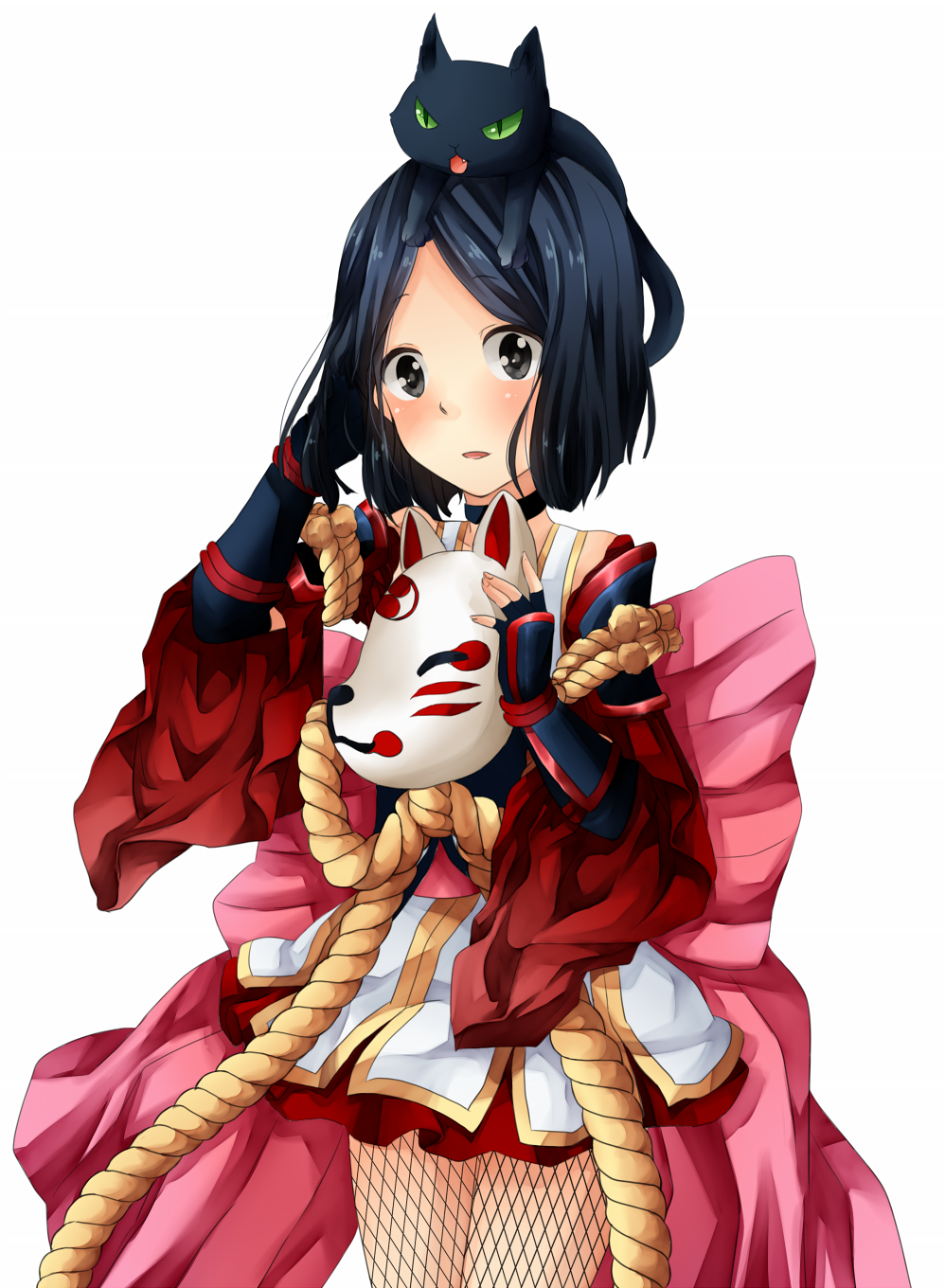 1girl animal animal_on_head back_bow black_cat black_choker black_eyes black_gloves black_hair blush bow cat cat_on_head choker commentary_request cowboy_shot fishnet_pantyhose fishnets fox_mask gloves highres holding holding_mask japanese_clothes kimono large_bow looking_at_viewer mask meiko_(nattu303) oboro_(ragnarok_online) on_head open_mouth pantyhose pink_bow ragnarok_online short_hair short_kimono simple_background solo vambraces white_background white_kimono