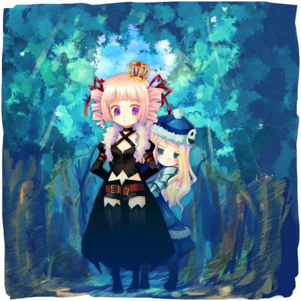 2girls armor atlus bad_id bad_pixiv_id belt blonde_hair blue_eyes blush cape chibi crown curse_maker dark_hunter dark_hunter_(sekaiju) dark_hunter_4 drill_hair etrian_odyssey forest gunner_(sekaiju) gunner_2_(sekaiju) hair_ribbon hat hiding icc jack_frost_(megami_tensei) multiple_girls nature peeking_out pink_hair purple_eyes ribbon short_shorts shorts thighhighs