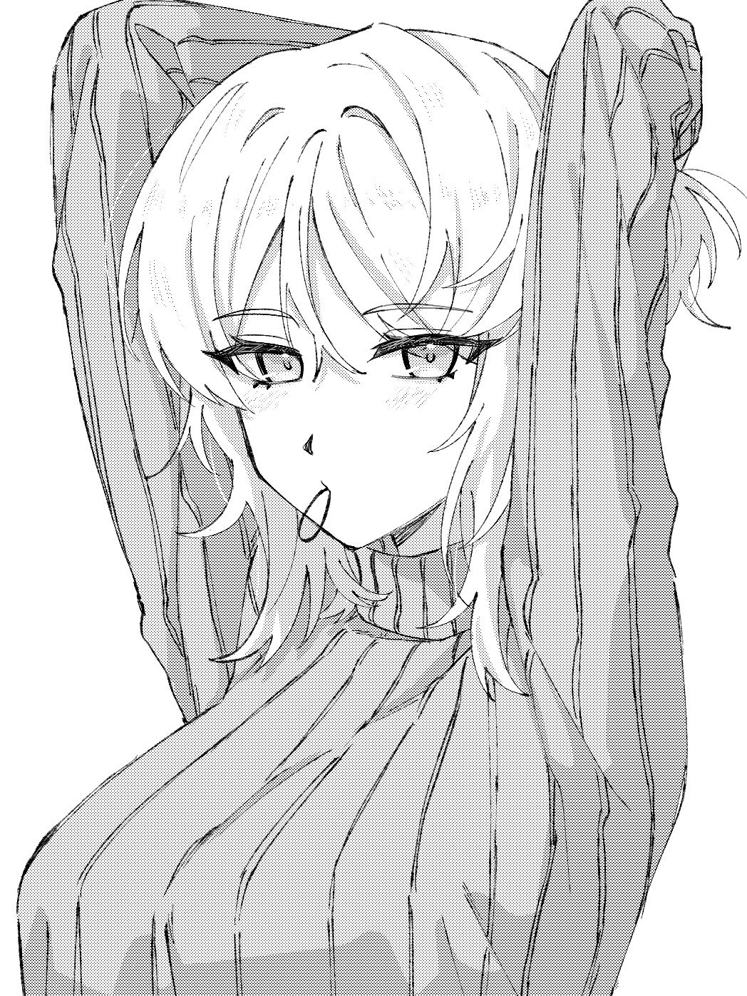 1girl arms_up breasts closed_mouth faust_(project_moon) greyscale hair_tie highres kitaku_(ienikaeru) large_breasts limbus_company long_sleeves medium_hair monochrome project_moon ribbed_sweater simple_background solo sweater upper_body