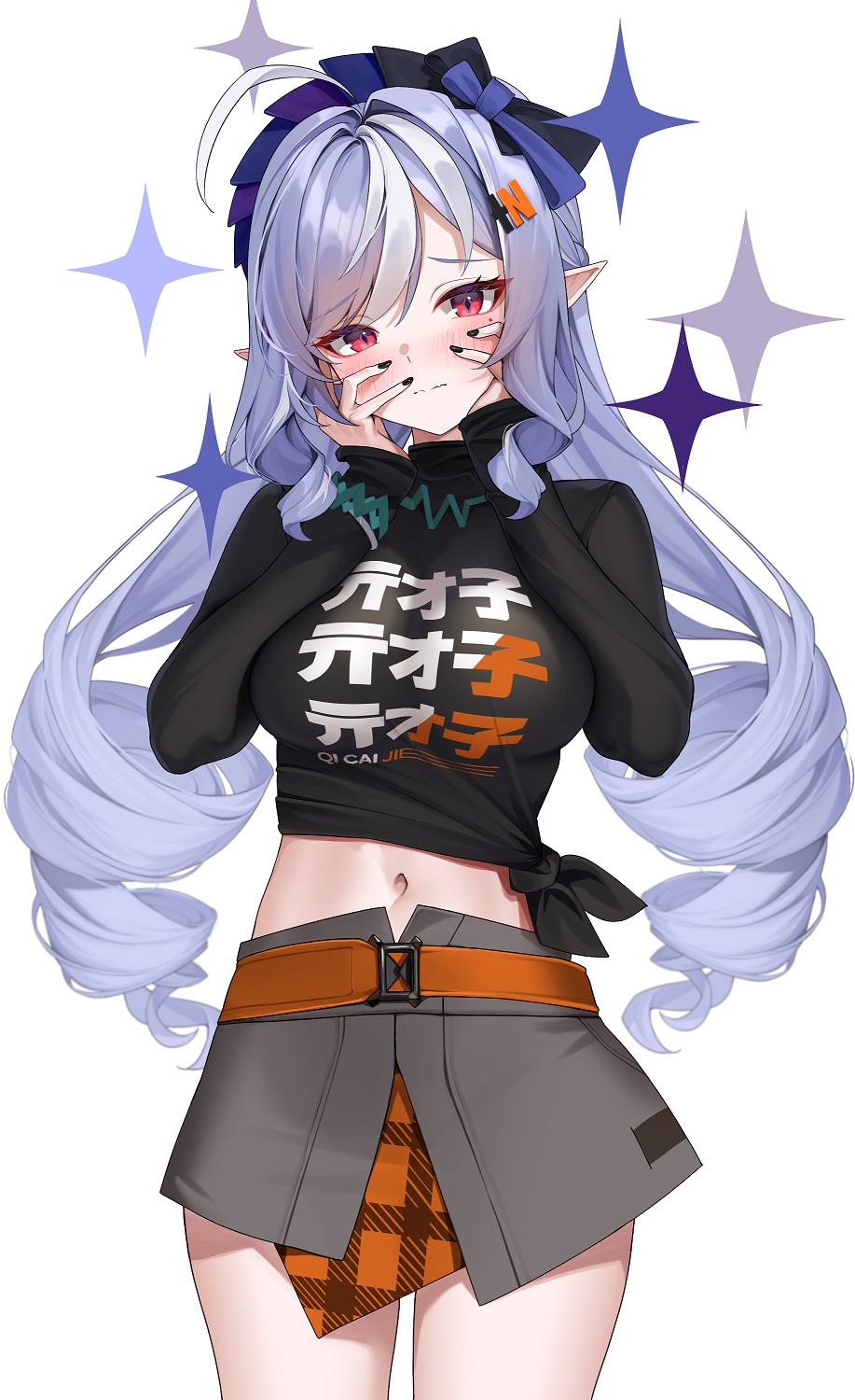 1girl ahoge belle_(zenless_zone_zero) belle_(zenless_zone_zero)_(cosplay) belt black_nails black_shirt blush breasts closed_mouth commentary_request cosplay cowboy_shot fingernails hands_on_own_face highres large_breasts long_hair long_sleeves looking_at_viewer matrix16 nail_polish navel paid_reward_available pointy_ears purple_hair red_eyes shirt simple_background solo star_(symbol) stomach very_long_hair vivian_(zenless_zone_zero) white_background zenless_zone_zero